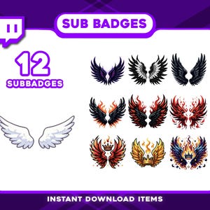 Op de afbeelding: Digitale afbeelding met 12 sub-badges met vleugelontwerpen. De vleugels zijn in verschillende kleuren, waaronder zwart, wit, rood en goud. De tekst "SUB BADGES" en "12 SUBBADGES" worden weergegeven. De afbeelding bevat ook een Twitch-logo.