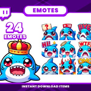 24 Little Shark Emote Pack, hochauflösende Twitch Emotes, Discord Emotes, PNG Emotes für Streamer, Einzigartige Emotes für Twitch, Süßes Emote