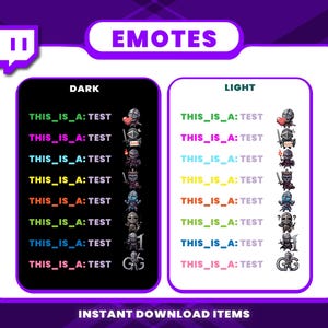 May include: Digital download graphic featuring emotes for online platforms. The image is divided into dark and light themes, each displaying various knight-themed emotes with text that reads "THIS_IS_A: TEST". The word "EMOTES" is at the top.