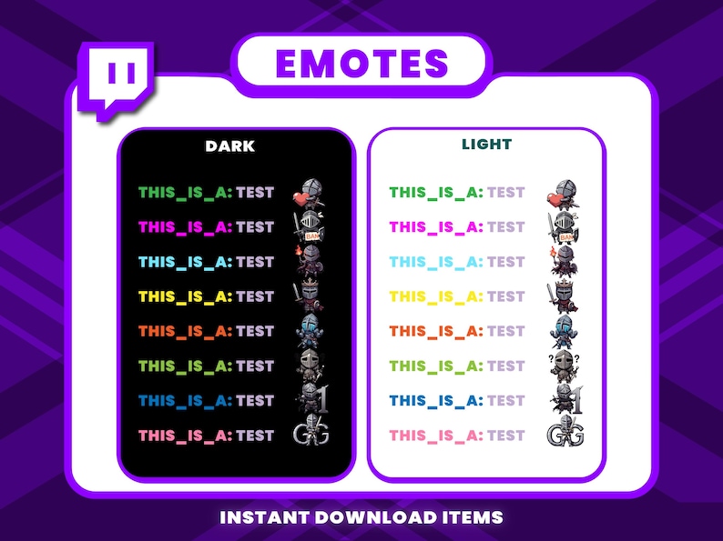 May include: Digital download graphic featuring emotes for online platforms. The image is divided into dark and light themes, each displaying various knight-themed emotes with text that reads "THIS_IS_A: TEST". The word "EMOTES" is at the top.