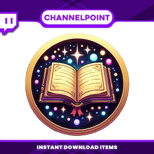Puede incluir: Gráfico digital con un libro abierto enmarcado en oro con un fondo celestial de estrellas y orbes coloridos. El texto "CHANNELPOINT" está en la parte superior y "INSTANT DOWNLOAD ITEMS" en la inferior. El diseño está sobre un fondo púrpura.