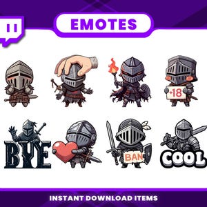 May include: A collection of cartoon knight emotes with various expressions and props, including swords, a torch, and a heart. The emotes are set against a purple background with the word "EMOTES" at the top and "INSTANT DOWNLOAD ITEMS" at the bottom.