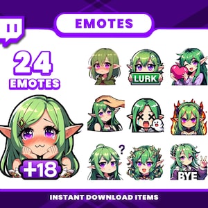 Könnte beinhalten: Eine digitale Grafik mit 24 Emotes mit Anime-Elfen-Charakteren. Die Emotes zeigen verschiedene Ausdrücke und Aktionen, darunter das Halten eines Herzens und das Wort "LURK". Das Bild enthält den Text "EMOTES" und "+18".