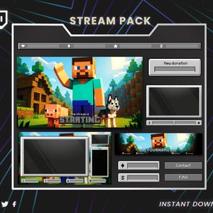 Könnte beinhalten: Ein digitales Stream-Pack-Design mit Minecraft-Thema. Das Design zeigt pixelige Charaktere, ein Schwein, einen Hund und eine winkende Figur. Der Text "STREAM PACK" steht oben und "INSTANT DOWNLOAD" unten.