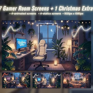 May include: Digital gamer room screens with a cosy aesthetic. The image shows a gaming setup with a computer, desk, and chair, surrounded by plants and soft lighting. The text on the screen says "Starting Soon". Includes 7 gamer room screens and 1 Christmas extra.