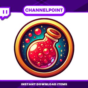 Pode incluir: Uma moeda de ouro com uma garrafa de poção vermelha dentro. A garrafa está cheia de líquido vermelho e tem bolhas. A moeda tem um fundo azul com estrelas.