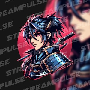 May include: A digital illustration of a samurai warrior with blue and gold armor, a katana sword, and a red background. The warrior has blue hair and pink eyes.
