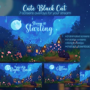 May include: Digital overlay set featuring a cute black cat illustration. The set includes 7 screens for streaming, with animated and static options. The main screen reads "Stream is Starting" with a moonlit village scene. Includes 1920x1080px resolution.