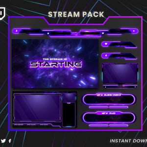 May include: A digital stream pack with a purple and black theme. The pack includes various overlay elements such as a starting screen, alerts, and a chat box. The text "STREAM PACK" and "THE STREAM IS STARTING" are visible.
