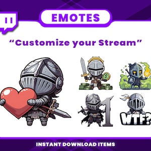 May include: A set of five Twitch emotes featuring cartoon knights in various poses. The emotes include a knight holding a heart, a knight holding a sword, a knight holding a dollar sign, a knight holding a skull, and a knight holding a sign that says "WTF?"