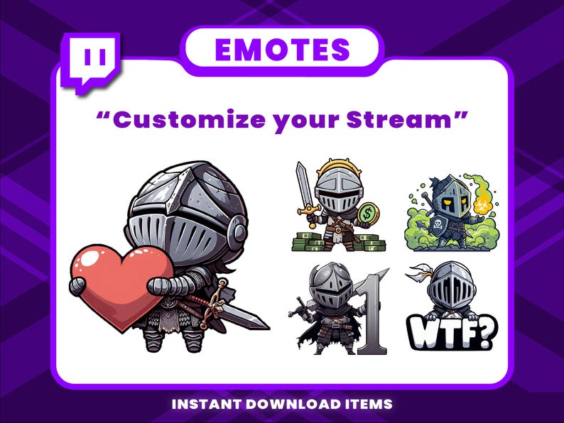 May include: A set of five Twitch emotes featuring cartoon knights in various poses. The emotes include a knight holding a heart, a knight holding a sword, a knight holding a dollar sign, a knight holding a skull, and a knight holding a sign that says "WTF?"