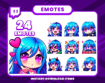 24 Cute Blue Girl Emote Pack, High-Resolution Twitch Emotes, Discord Emotes, PNG Emotes for Streamers, Unique Emotes for Twitch, Cute Emote