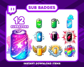 12 Energy Cans Sub Badges – Fantasy Twitch Tier Badges, High-Res Subscriber Badges for RPG, Elves, and Magic Stream Themes