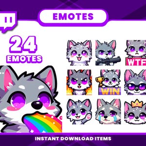 Puede incluir: Un conjunto de 24 emotes de Twitch que presentan un lindo lobo de dibujos animados con diferentes expresiones y accesorios. Los emotes incluyen "Win", "WTF" y un lobo con un arcoíris que sale de su boca.