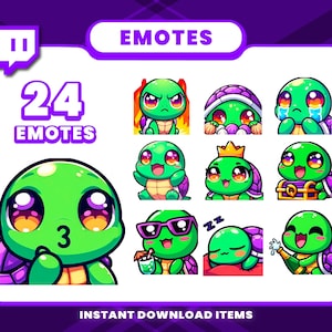 May include: A set of 24 Twitch emotes featuring a green turtle with different expressions. The emotes include a turtle with sunglasses, a turtle sleeping, a turtle with a crown, and a turtle holding a champagne bottle. The emotes are designed in a cartoon style and are perfect for adding personality to your Twitch streams.