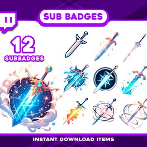 May include: Digital art graphic showing 12 sub badges with sword designs. The badges feature various styles, with blue, gold, and orange colour schemes. The text "SUB BADGES" and "12 SUBBADGES" are displayed in the image.