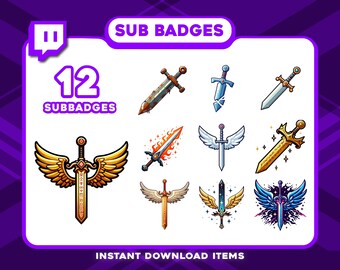 12ソードサブバッジ – ファンタジーTwitchティアバッジ、RPG、エルフ、魔法ストリームテーマの高解像度サブスクライバーバッジ