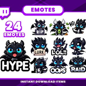 Puede incluir: Un conjunto de 24 emotes de Twitch con dragones de dibujos animados con escamas negras, ojos azules y varias expresiones. Los emotes incluyen "HYPE", "LOL" y "RAID". La imagen tiene una combinación de colores púrpura y blanco.