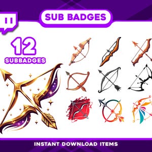 Könnte beinhalten: Digitalgrafik mit 12 Sub-Badges mit Bogen- und Pfeildesigns. Die Badges sind in verschiedenen Stilen und Farben gehalten, darunter Gold, Braun, Schwarz und Rot. Der Text "SUB BADGES" und "12 SUBBADGES" ist enthalten.