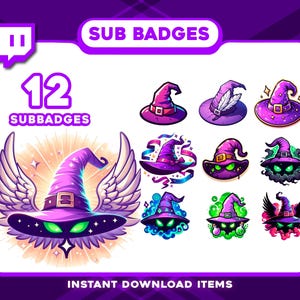 Puede incluir: Un conjunto de 12 insignias de suscripción de Twitch con sombreros de bruja de dibujos animados en varios diseños. Los sombreros son principalmente morados y verdes, algunos con alas, plumas y ojos brillantes. También se ve el texto "SUB BADGES" y "12 SUBBADGES".