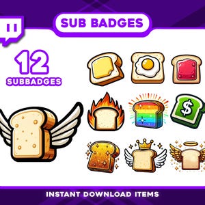 Może przedstawiać: Grafika cyfrowa przedstawiająca 12 odznak subskrypcji z motywem tostów. Odznaki przedstawiają tosty z masłem, jajkiem sadzonym, dżemem, płomieniami, kolorami tęczy, znakiem dolara, skrzydłami, koroną i aureolą anioła. Tekst zawiera "SUB BADGES" i "12 SUBBADGES".