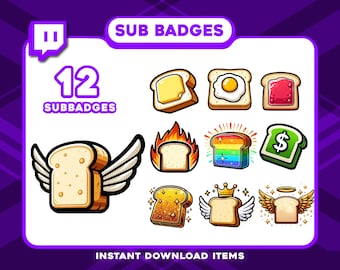 12 Toast Sub Badges – Fantasy Twitch Tier Badges, High-Res Subscriber Badges for RPG, Elves, and Magic Stream Themes