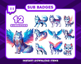 12 Mistyc Wolf Sub Badges – Fantasy Twitch Tier Badges, High-Res Subscriber Badges for RPG, Elves, and Magic Stream Themes