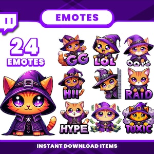 May include: A set of 24 Twitch emotes featuring cute cartoon cats dressed as wizards. The emotes include phrases like "GG", "LOL", "OOPS", "HI!", "RAID", "HYPE", and "TOXIC".