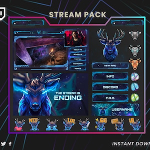 May include: Digital stream pack with a dark background and neon blue accents. Features a deer illustration, user interface elements, and the text "STREAM PACK" and "INSTANT DOWNLOAD". Includes social media icons.