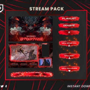 Op de afbeelding: Een digitaal stream pack met een rood en zwart thema. Het pack bevat een draakafbeelding, geanimeerde overlays en knoppen voor afspeellijst, doneren, nieuwe donatie, nieuwe host en nieuwe volger. Tekst bevat "The Stream Is Starting" en "Instant Download."