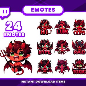 Può includere: Un set di 24 emote Twitch con un personaggio di diavolo rosso in varie pose ed espressioni. Le emote includono "Ciao", "Lurk", "Oops", "Hype", "Raid" e "Tossico".