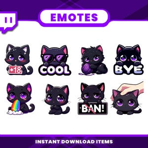 May include: A set of black cat emotes with large purple eyes. Each cat has a different expression and holds a sign or object. The emotes include the words "COOL", "BYE", and "BAN!", and the number "+18". The image also includes the text "EMOTES" and "INSTANT DOWNLOAD ITEMS".