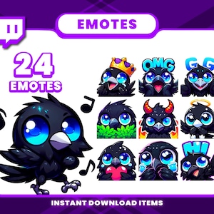 24 Black Raven Emote Pack, High-Resolution Twitch Emotes, Discord Emotes, PNG Emotes for Streamers, Unique Emotes for Twitch, Chibi Emote