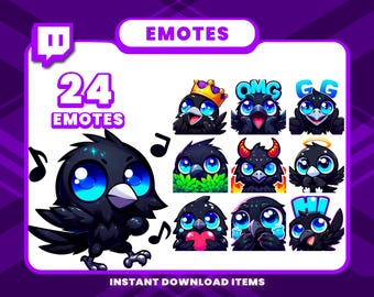 24 Black Raven Emote Pack, High-Resolution Twitch Emotes, Discord Emotes, PNG Emotes for Streamers, Unique Emotes for Twitch, Chibi Emote