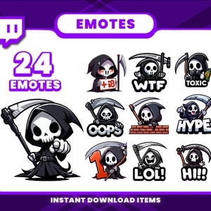 Könnte beinhalten: Ein Set mit 24 Twitch-Emojis, die einen Cartoon-Sensenmann in verschiedenen Posen und Ausdrücken zeigen. Die Emojis beinhalten Sätze wie "+18", "WTF", "Toxic", "Oops", "Hype", "LOL" und "Hi!!".