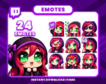 24 Red Hair Girl Emote Pack, High-Resolution Twitch Emotes, Discord Emotes, PNG Emotes for Streamers, Unique Emotes for Twitch