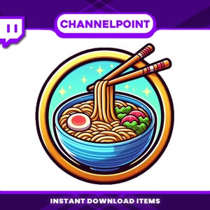 Puede incluir: Una ilustración de dibujos animados de un tazón de fideos ramen con palillos levantando un fideo del tazón. El tazón es azul con un borde dorado y está sentado sobre un fondo azul y blanco con estrellas doradas. El texto "CHANNELPOINT" está en la parte superior de la imagen.