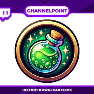 Puede incluir: Gráfico digital de una botella de poción con tapón de corcho, llena de líquido verde y burbujas, dentro de un círculo con borde dorado. El diseño incluye estrellas y el texto "CHANNELPOINT" y "INSTANT DOWNLOAD ITEMS".