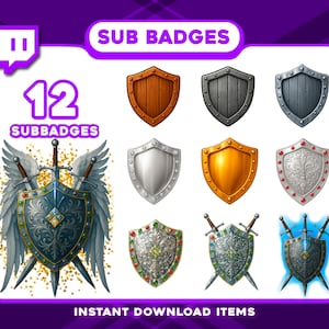 Könnte beinhalten: Digitalgrafik mit 12 Sub-Badges im Schilddesign. Die Schilde sind in verschiedenen Farben und Stilen gehalten, darunter Holz, Metall und verzierte Designs mit Schwertern und Flügeln. Der Text enthält "SUB BADGES" und "12 SUBBADGES".