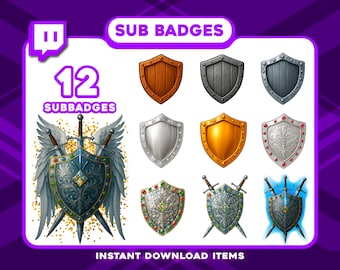 12 Medieval Shields Sub Badges – Fantasy Twitch Tier Badges, High-Res Subscriber Badges for RPG, Elves, and Magic Stream Themes