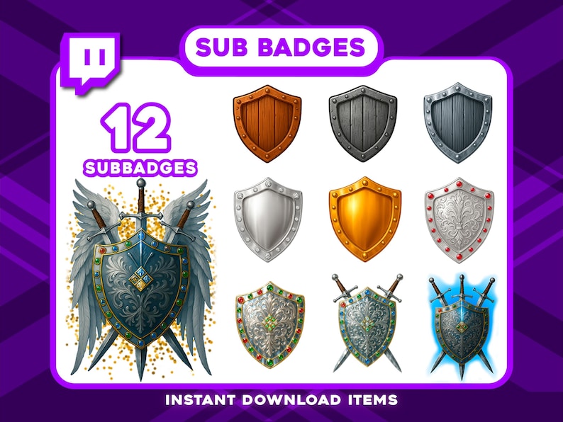Op de afbeelding: Digitale afbeelding met 12 sub-badges in een schildontwerp. De schilden zijn in verschillende kleuren en stijlen, waaronder hout, metaal en sierlijke ontwerpen met zwaarden en vleugels. De tekst bevat "SUB BADGES" en "12 SUBBADGES".