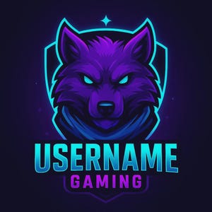 Puede incluir: Ilustración digital de la cabeza de un lobo en tonos morados y azules, sobre un fondo oscuro. El lobo es el foco central, con ojos azules brillantes y una expresión feroz. El texto "USERNAME GAMING" se muestra debajo.
