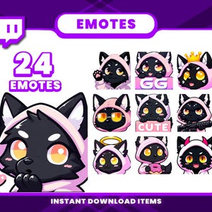 Puede incluir: Un conjunto de 24 emotes de Twitch que muestran un gato negro con una sudadera con capucha rosa con diferentes expresiones y accesorios. Los emotes incluyen "GG", "Cute" y una corona.