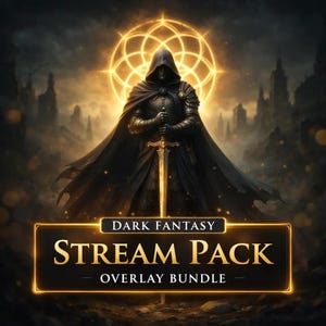 Peut inclure: Illustration numérique d'une figure encapuchonnée en armure sombre tenant une épée, sur fond de cercle doré brillant et de paysage sombre et menaçant. Le texte "DARK FANTASY STREAM PACK OVERLAY BUNDLE" est affiché dans un rectangle bordé d'or.