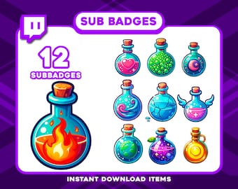 12 Potion Sub Badges – Fantasy Twitch Tier Badges, High-Res Subscriber Badges for RPG, Elves, and Magic Stream Themes