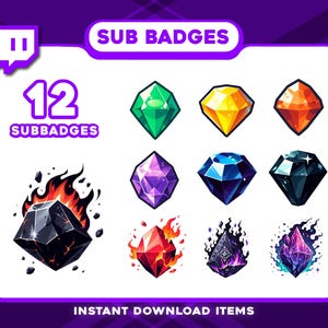 Puede incluir: Gráfico digital con 12 insignias secundarias en formas y colores de gemas, incluyendo verde, amarillo, naranja, morado, azul y negro. Algunas gemas están rodeadas de llamas. El texto incluye "SUB BADGES" y "12 SUBBADGES".