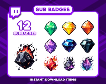 12 Gemstones Sub Badges – Fantasy Twitch Tier Badges, High-Res Subscriber Badges for RPG, Elves, and Magic Stream Themes