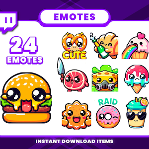 24 söta animerade emotes med mat, högupplösta Twitch-emotes, animerade Discord-emotes, roliga och unika emotes för streamers, mysig emote
