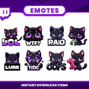 May include: Eight cartoon black cat emotes with purple eyes and accents. Each cat has a different expression and holds a sign with text including "LOL", "WTF?", "RAID", "LURK", "TOXIC", "OOPS", and "1". The word "EMOTES" is at the top of the image.