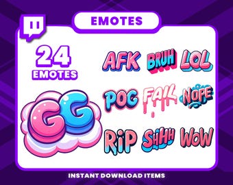 Twitch Emotes – 24 Colorful Cartoon Lettering Emotes, Funny Text Reactions for Twitch & YouTube Streamers, Discord Emotes, Text Emotes